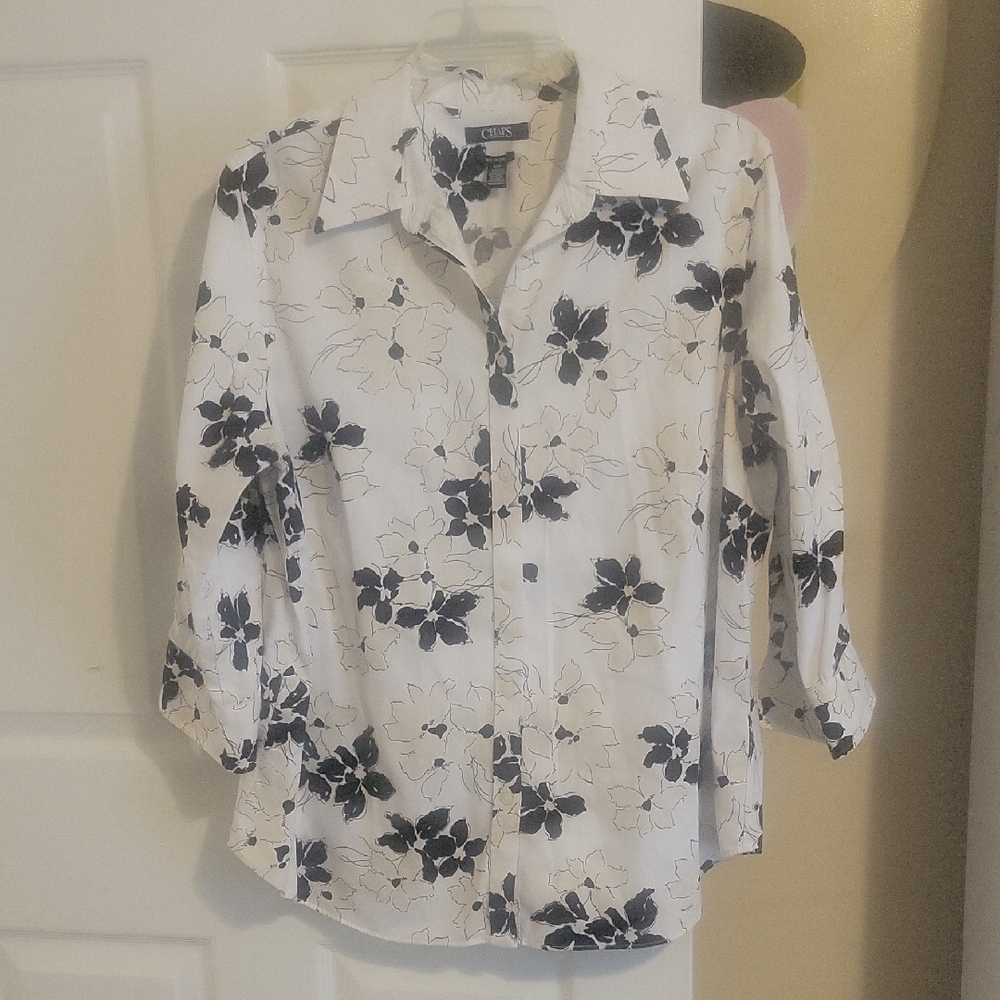 CHAPS Womans Sz0X Floral monochrome button-up collared shirt 100% cotton